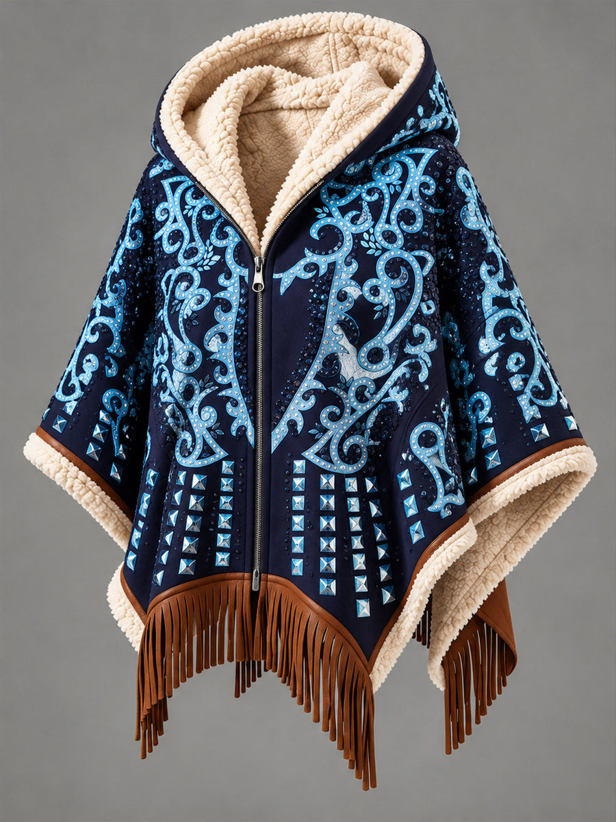 Women's Fall Winter Vintage Art Fleece-Lined Hooded Fringe Poncho